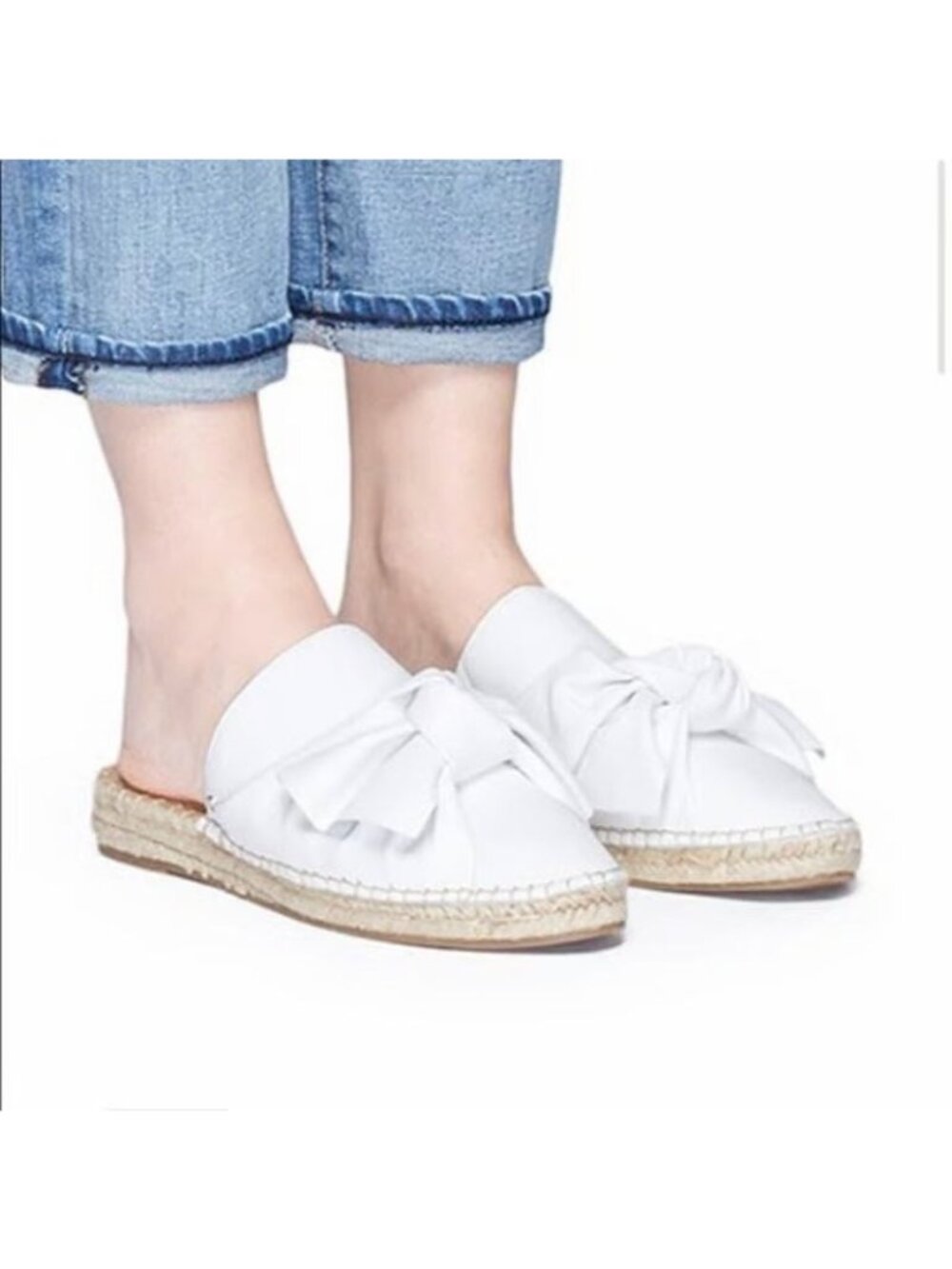 Sam Edelman Size 7.5 White Lynda Leather Bow Espadrille Slide Sandals Mule Shoes